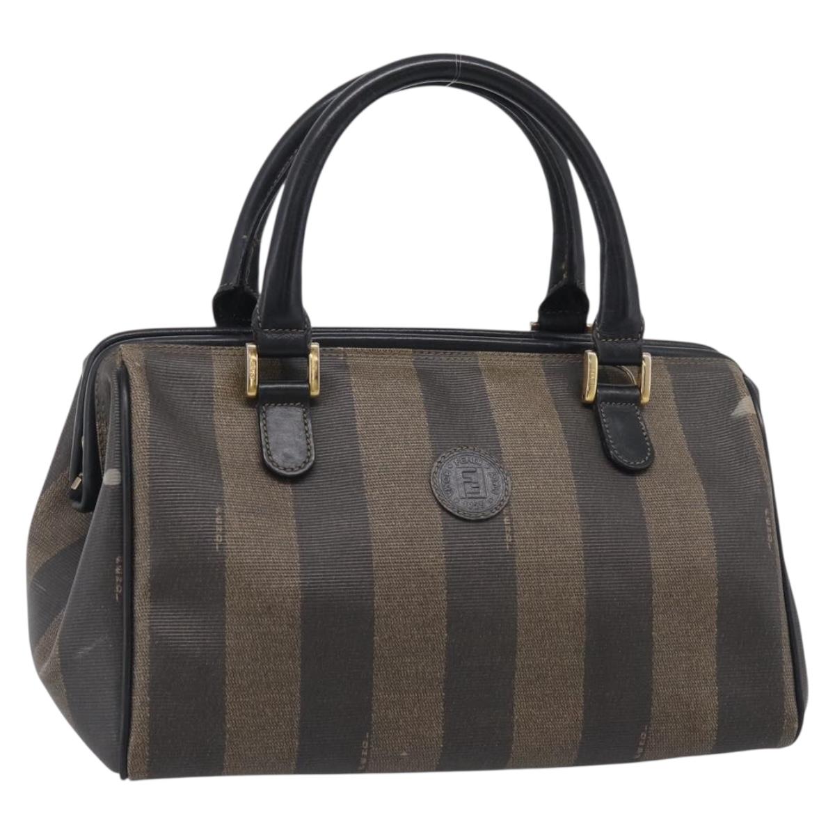FENDI Pequin Canvas Boston Bag PVC Black Brown Auth 215539