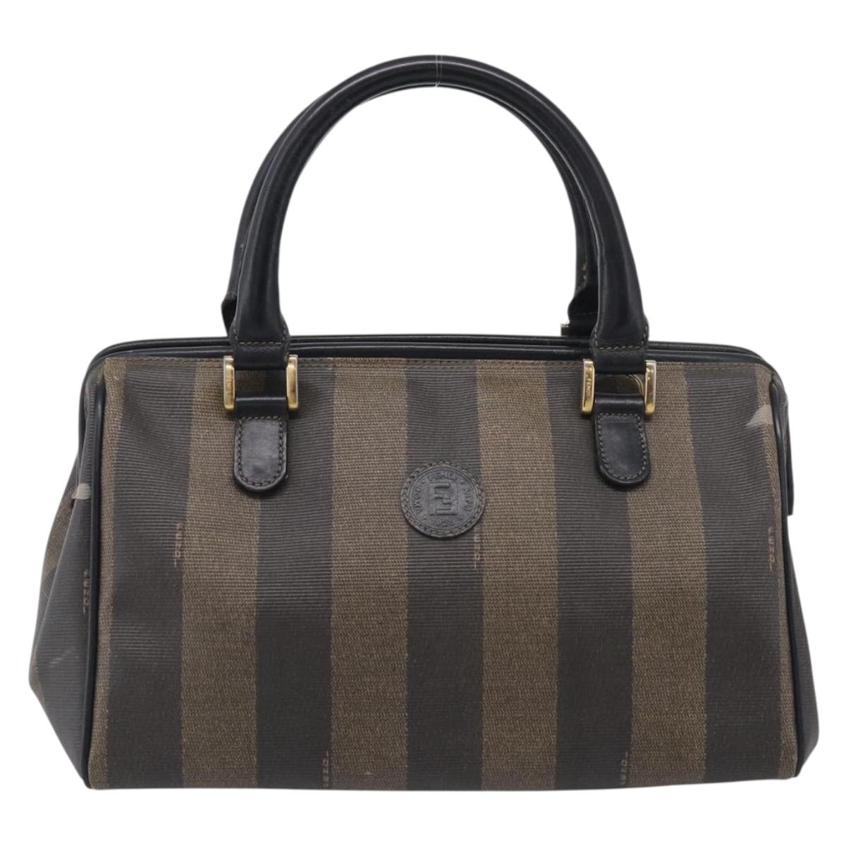 FENDI Pequin Canvas Boston Bag PVC Black Brown Auth 215539