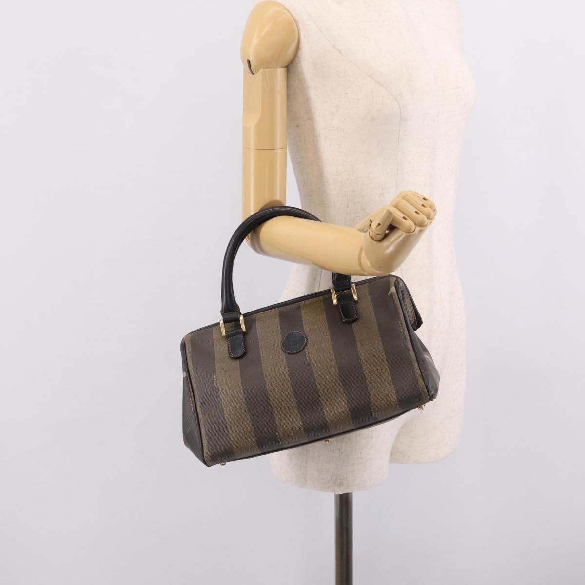FENDI Pequin Canvas Boston Bag PVC Black Brown Auth 215539