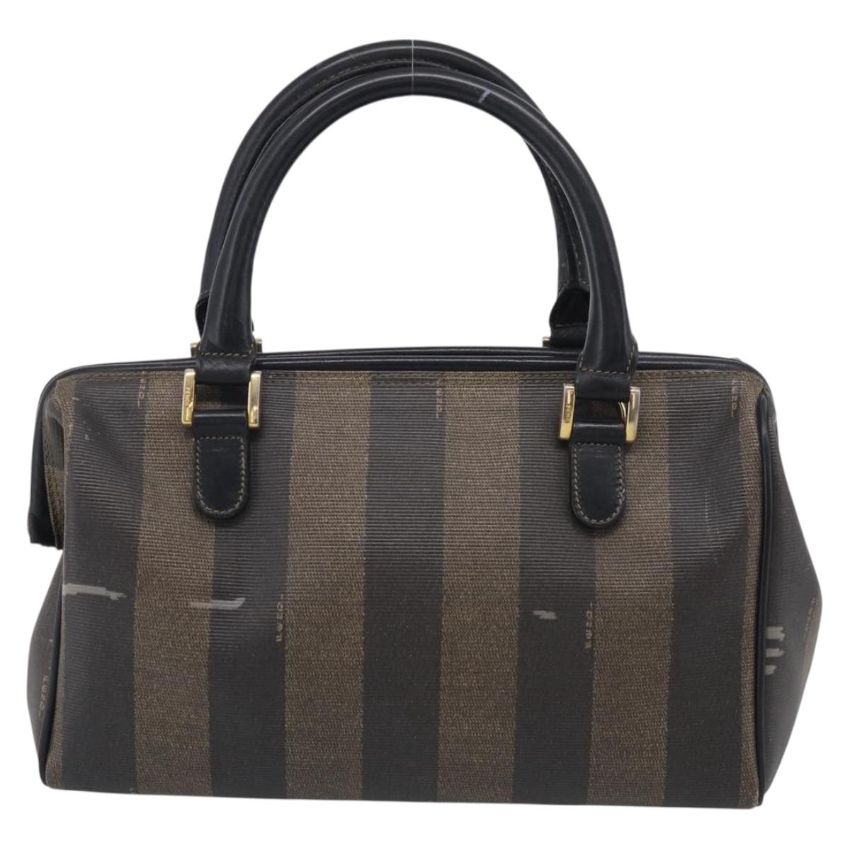 FENDI Pequin Canvas Boston Bag PVC Black Brown Auth 215539