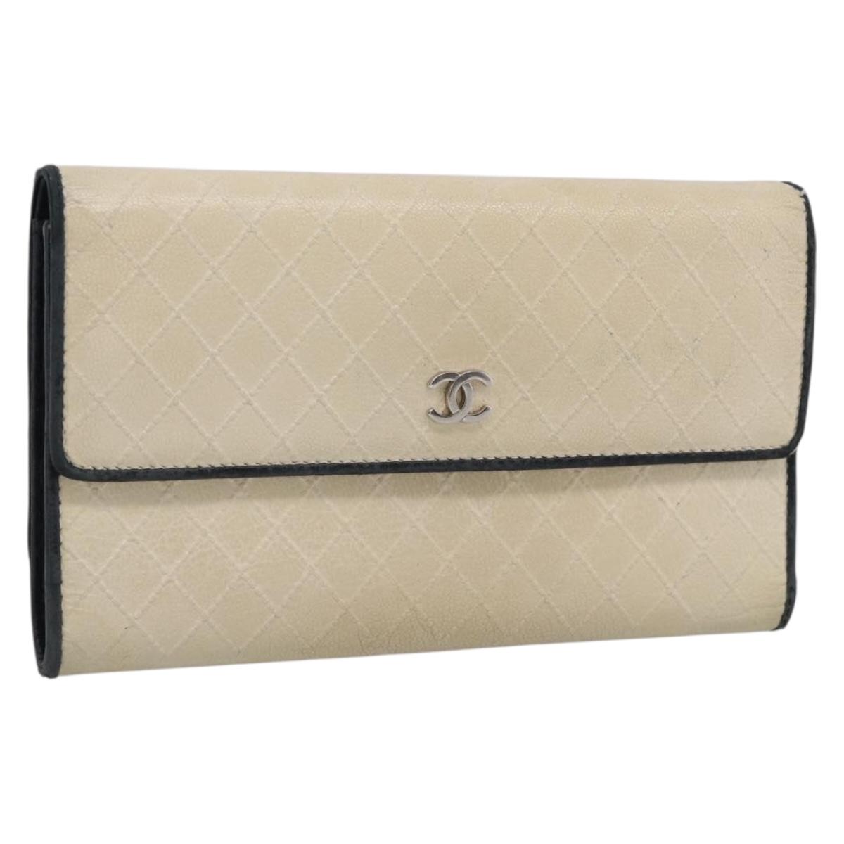 CHANEL Long Wallet Leather Ivory Silver CC Auth 215553