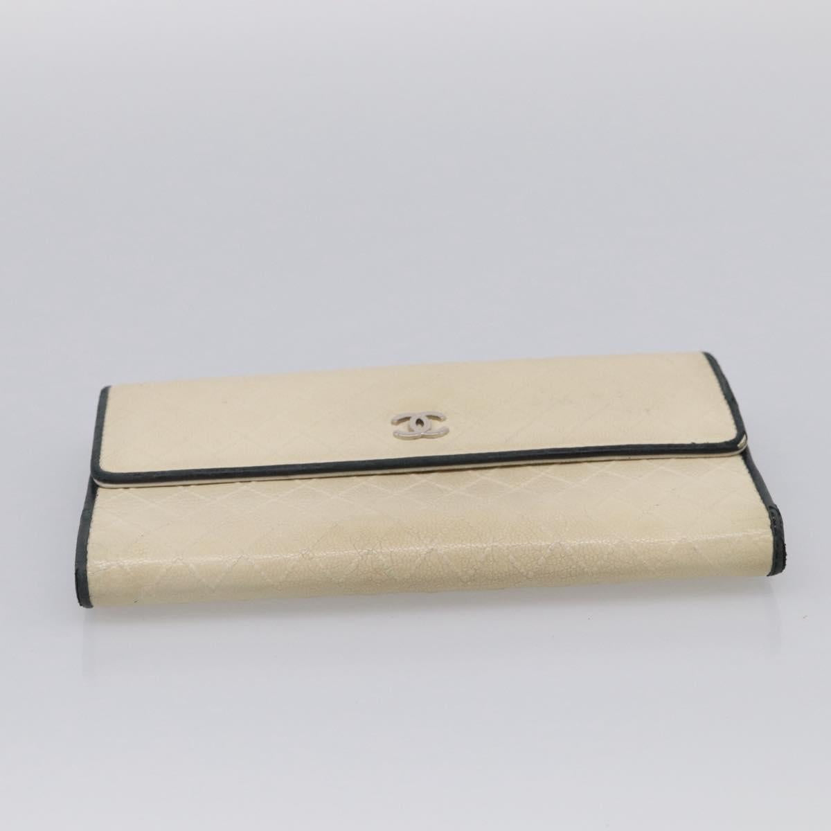 CHANEL Long Wallet Leather Ivory Silver CC Auth 215553