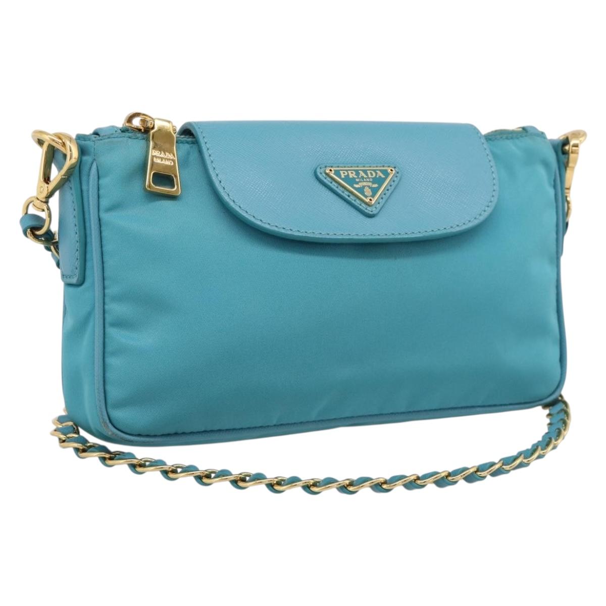 PRADA Chain Shoulder Bag Nylon Blue Gold Auth 215598V