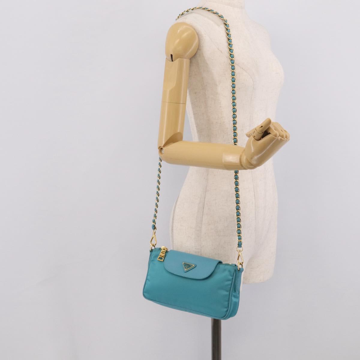 PRADA Chain Shoulder Bag Nylon Blue Gold Auth 215598V