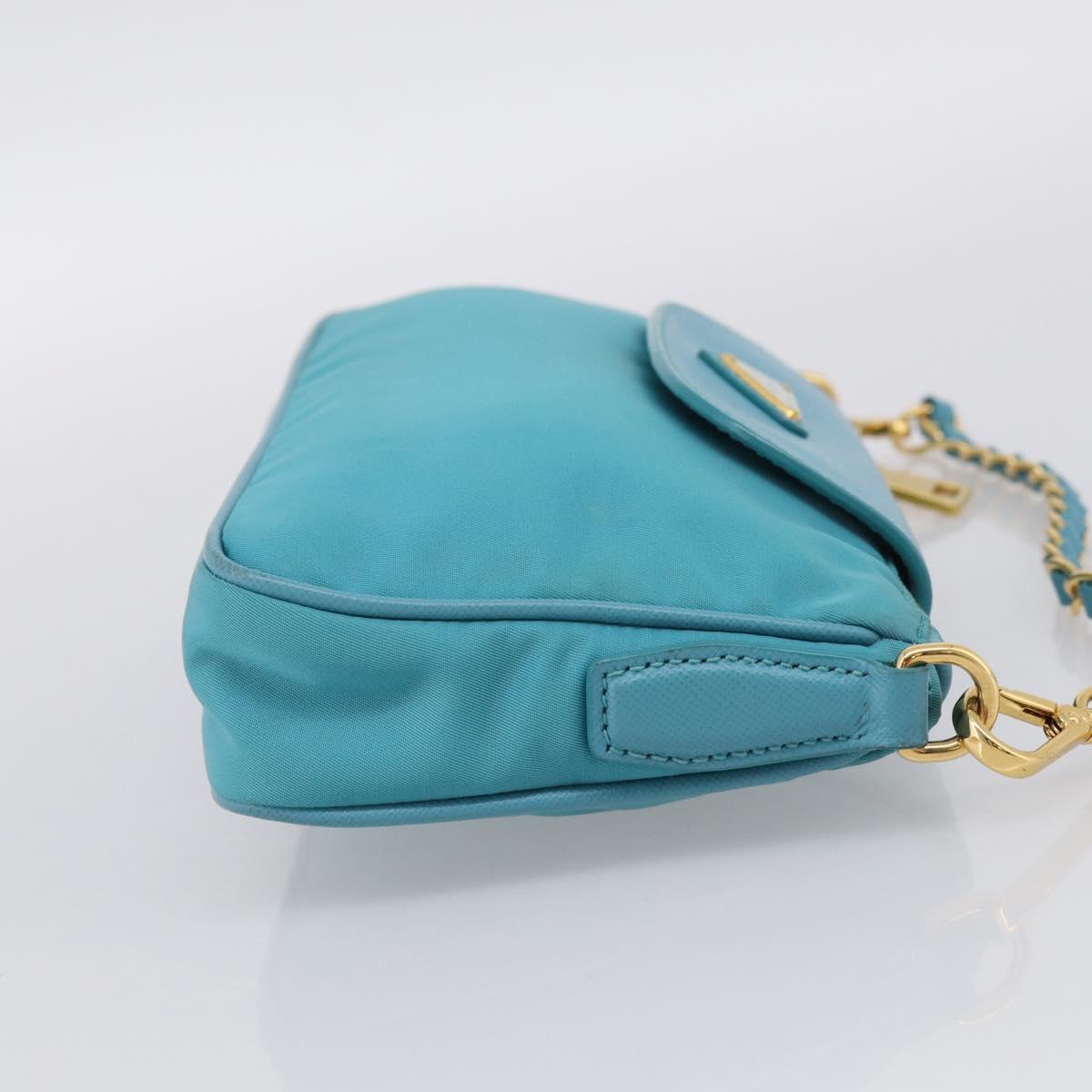 PRADA Chain Shoulder Bag Nylon Blue Gold Auth 215598V