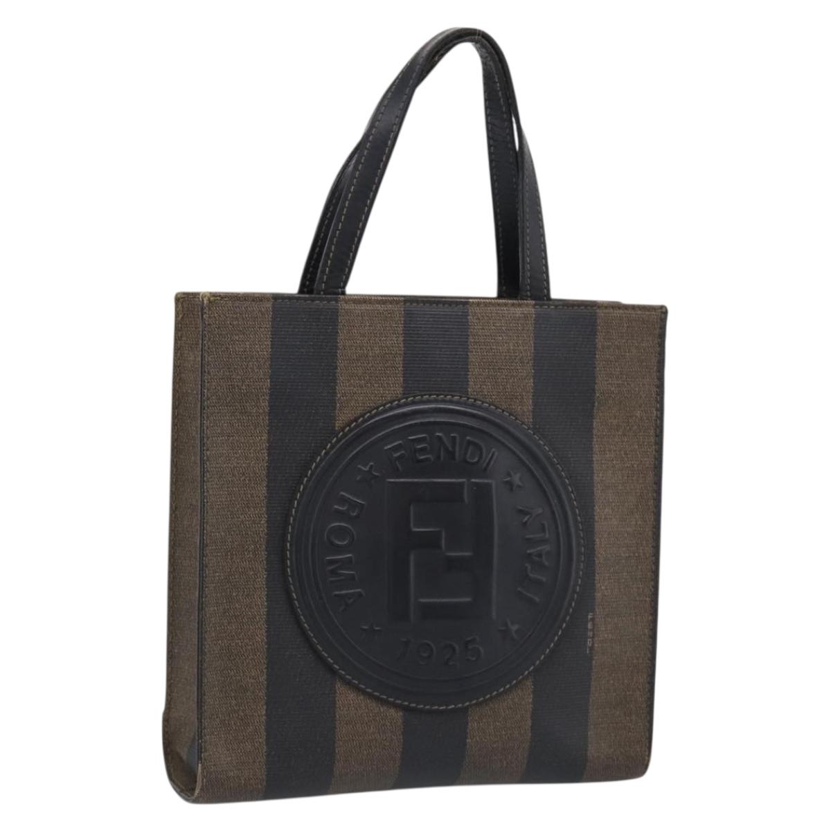 FENDI Pequin Canvas Hand Bag PVC Black Brown Auth 215603