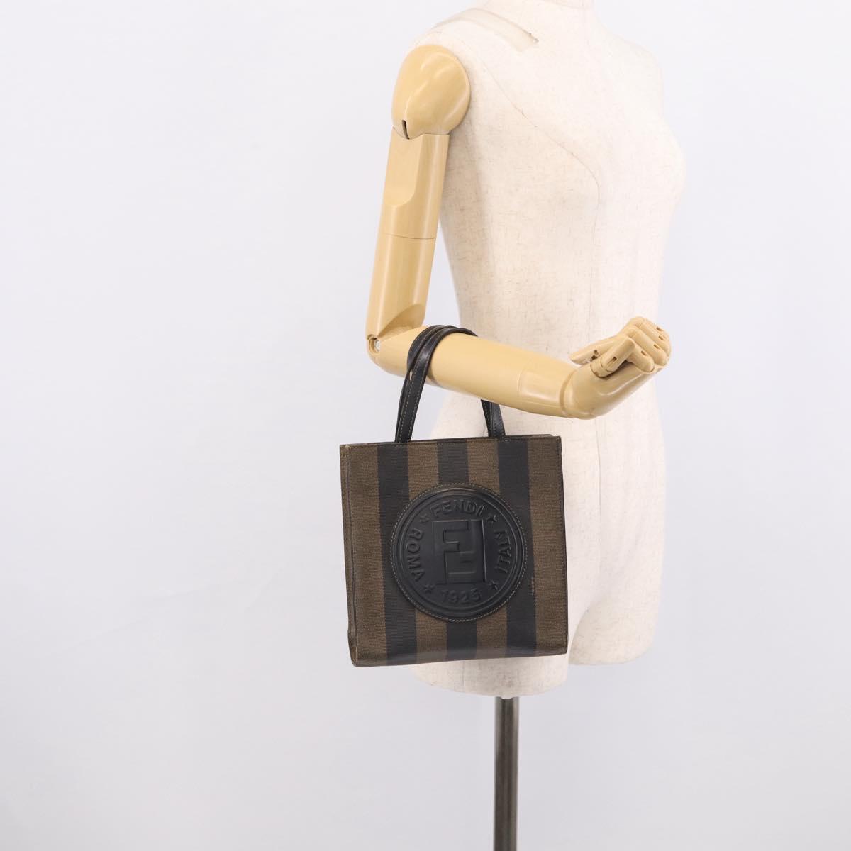FENDI Pequin Canvas Hand Bag PVC Black Brown Auth 215603