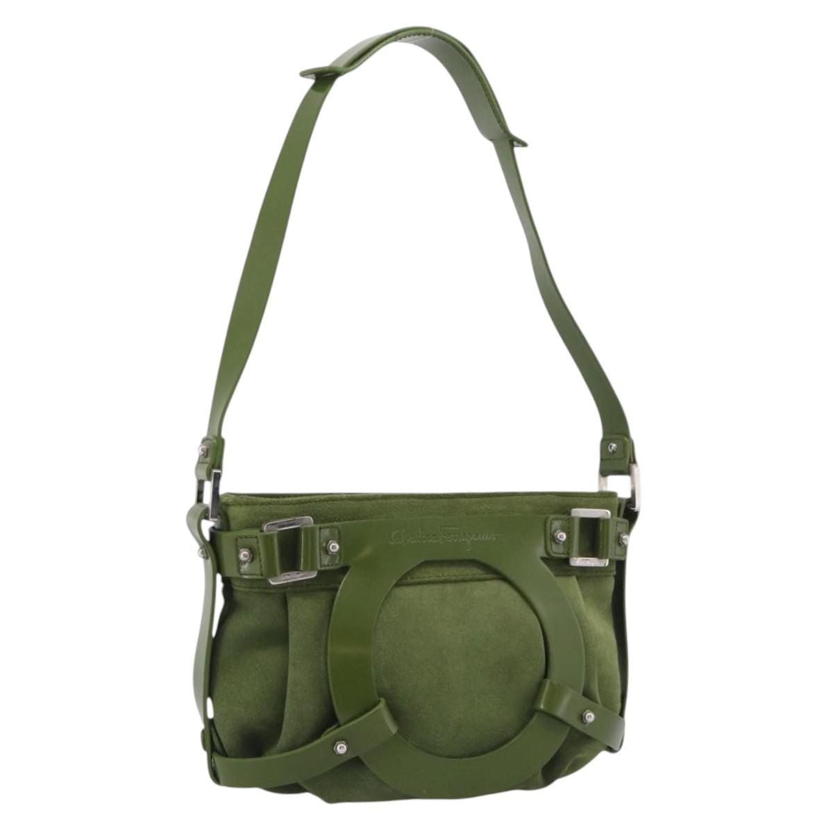 Salvatore Ferragamo Gancini Shoulder Bag Suede Green Silver Auth 215612A