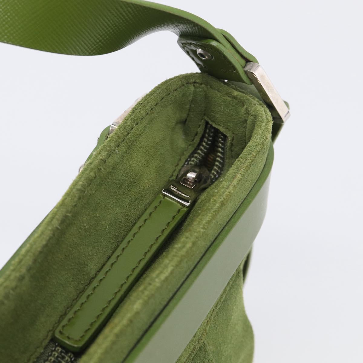 Salvatore Ferragamo Gancini Shoulder Bag Suede Green Silver Auth 215612A