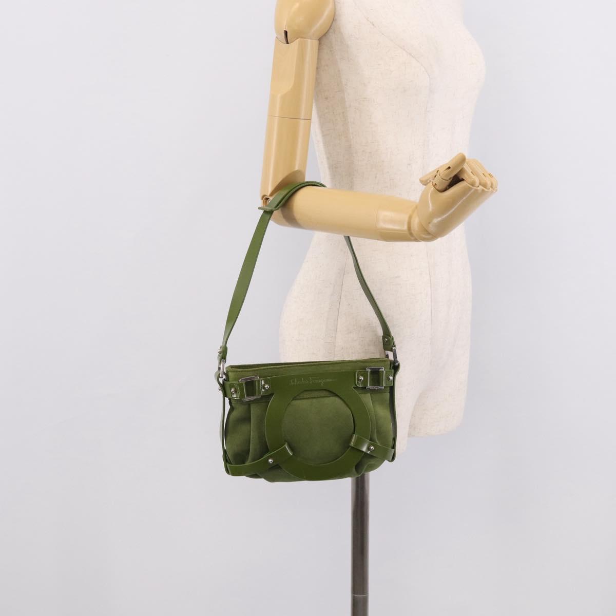Salvatore Ferragamo Gancini Shoulder Bag Suede Green Silver Auth 215612A