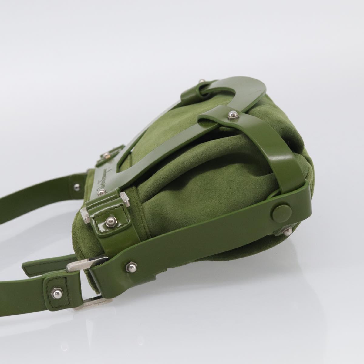 Salvatore Ferragamo Gancini Shoulder Bag Suede Green Silver Auth 215612A