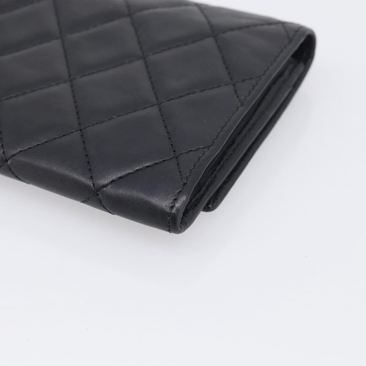 CHANEL Cambon Line Matelasse Compact Wallet Leather Black Silver CC Auth 215615V