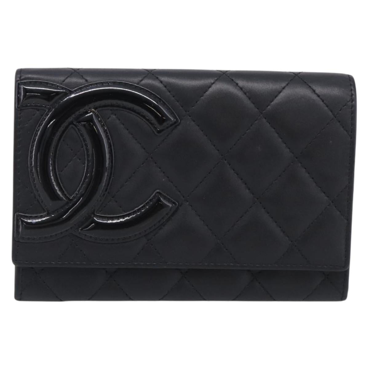 CHANEL Cambon Line Matelasse Compact Wallet Leather Black Silver CC Auth 215615V