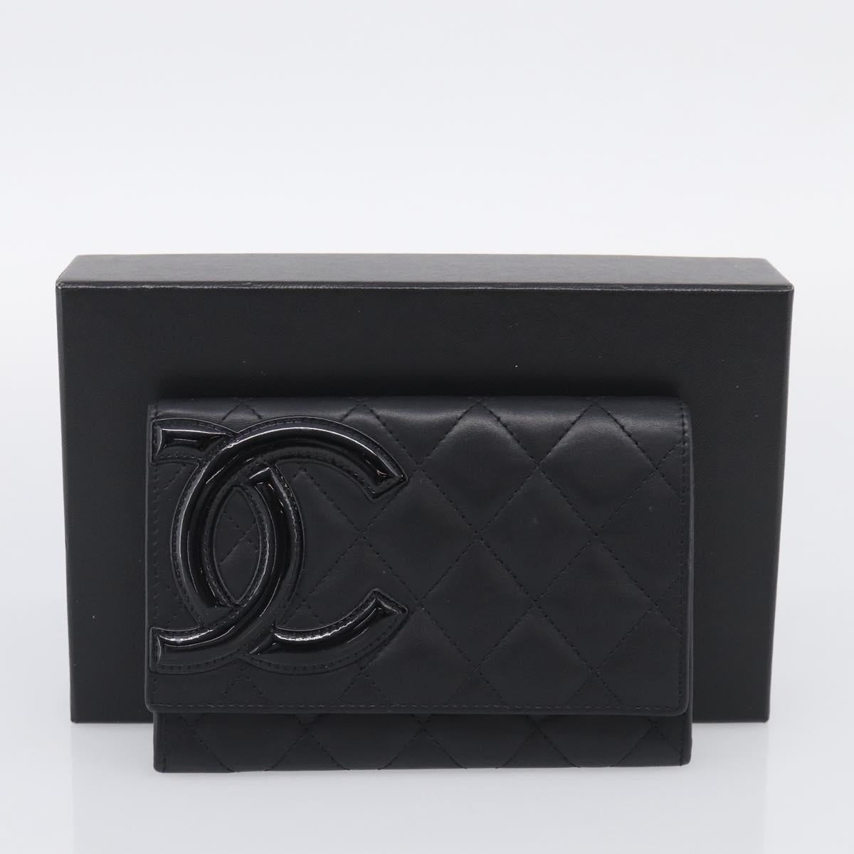 CHANEL Cambon Line Matelasse Compact Wallet Leather Black Silver CC Auth 215615V