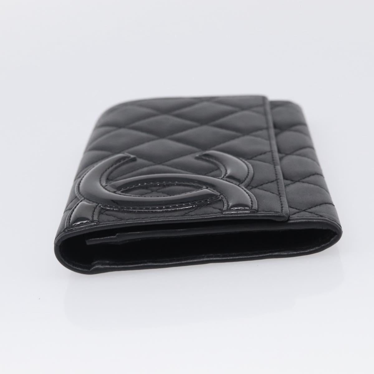 CHANEL Cambon Line Matelasse Compact Wallet Leather Black Silver CC Auth 215615V