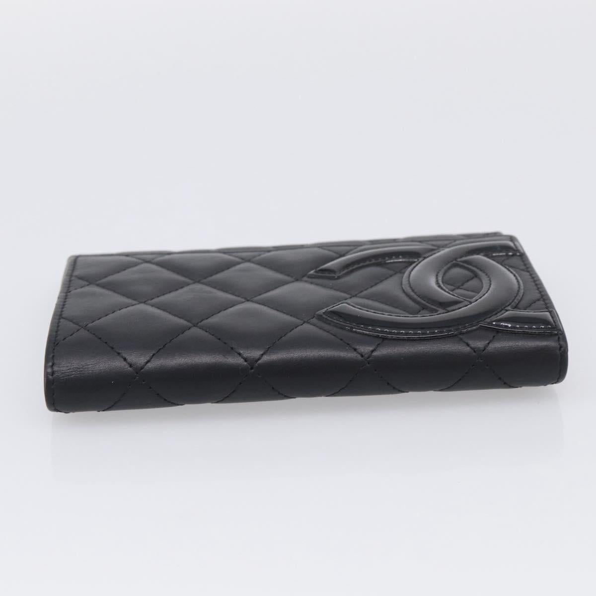 CHANEL Cambon Line Matelasse Compact Wallet Leather Black Silver CC Auth 215615V