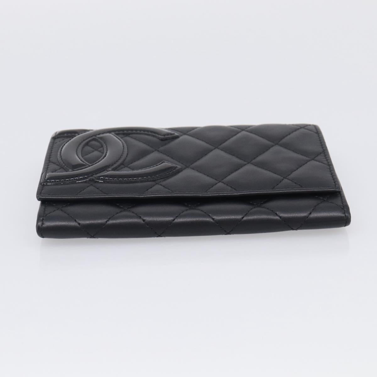 CHANEL Cambon Line Matelasse Compact Wallet Leather Black Silver CC Auth 215615V