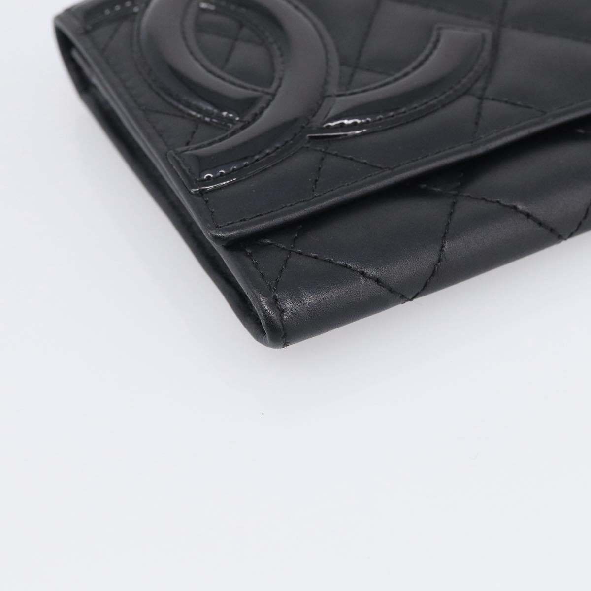 CHANEL Cambon Line Matelasse Compact Wallet Leather Black Silver CC Auth 215615V