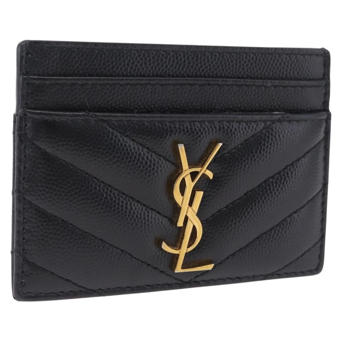 Saint Laurent Cassandra Card Case Leather Black Gold Auth 215617V