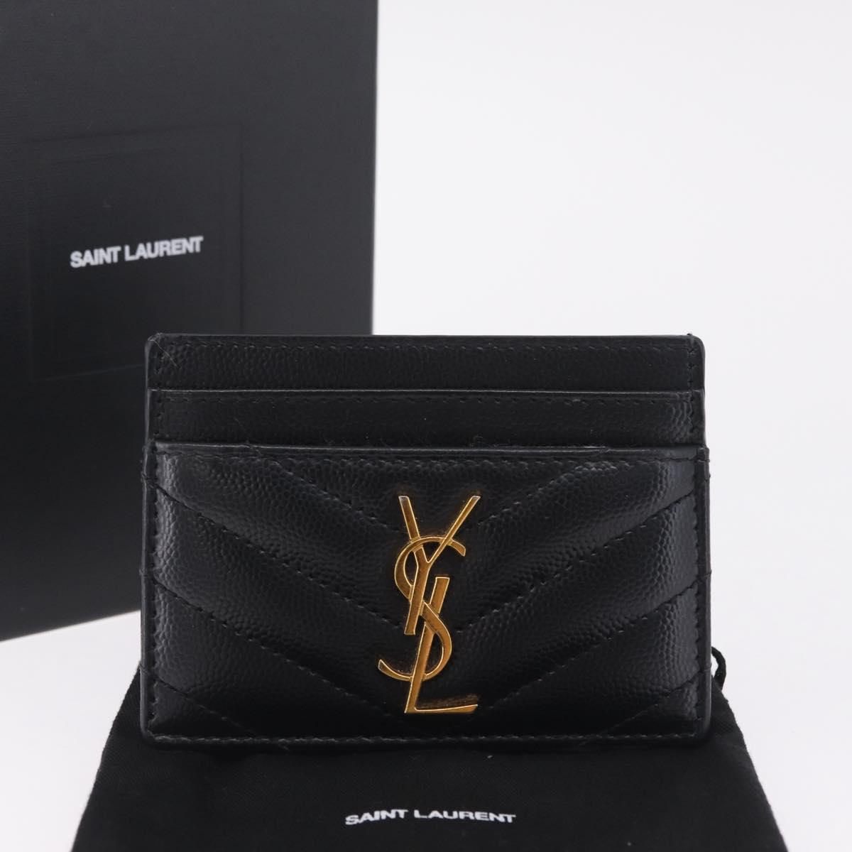 Saint Laurent Cassandra Card Case Leather Black Gold Auth 215617V