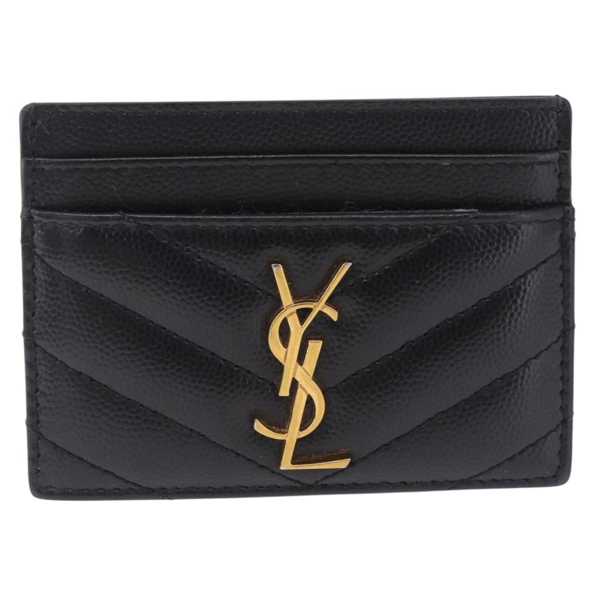 Saint Laurent Cassandra Card Case Leather Black Gold Auth 215617V