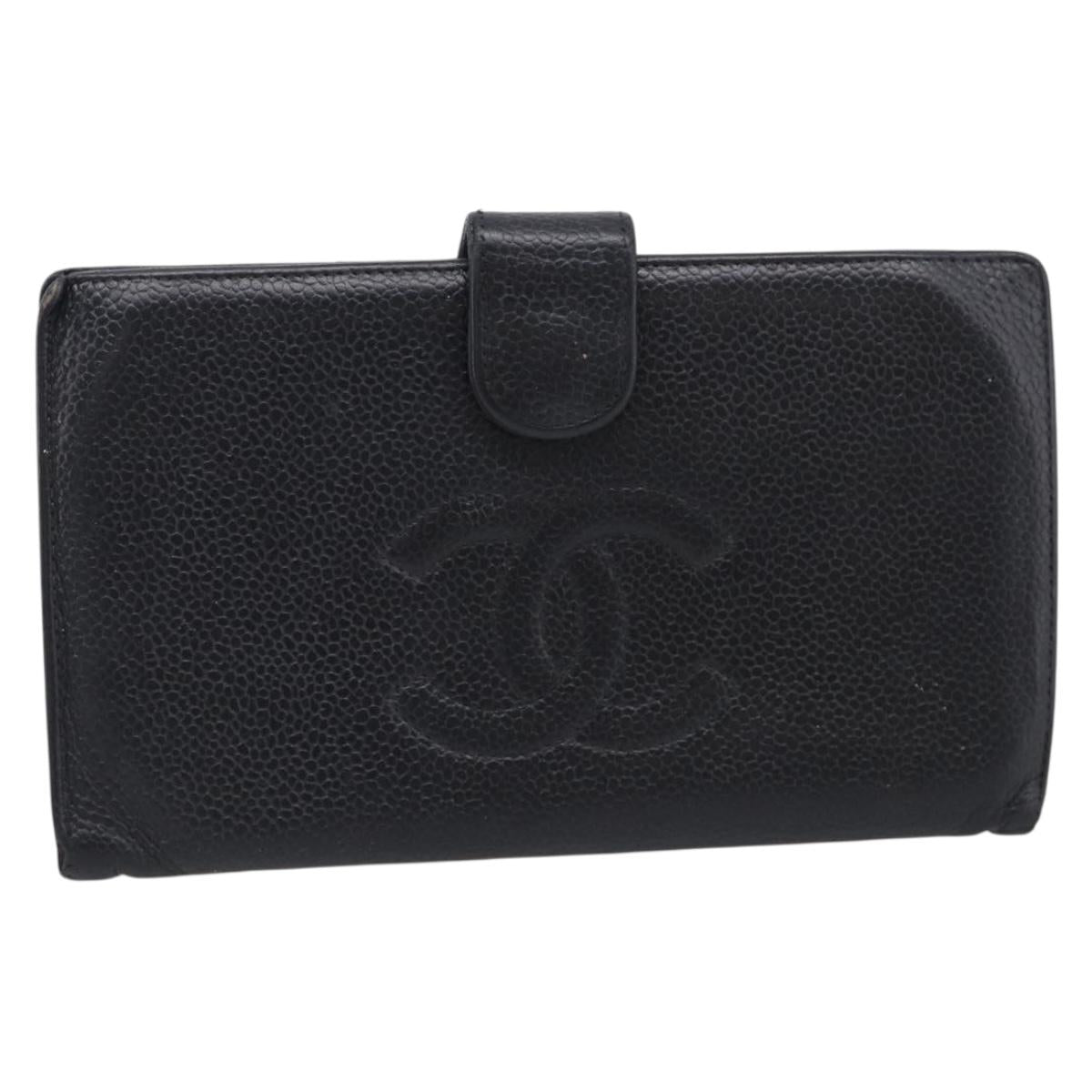 CHANEL Wallet Caviar Skin Black Gold CC Auth 215620