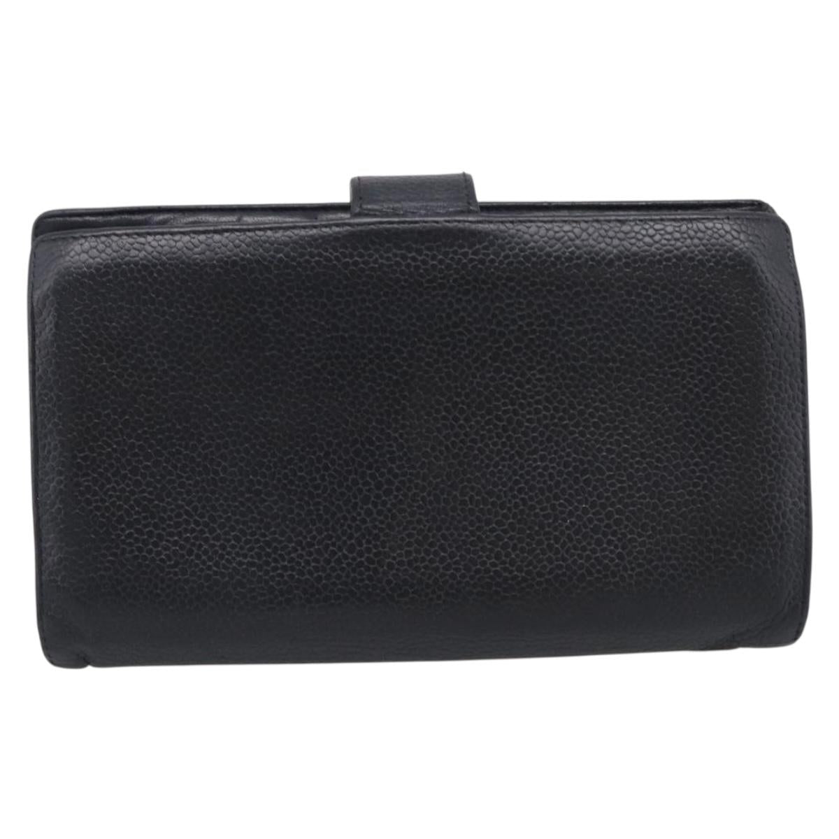CHANEL Wallet Caviar Skin Black Gold CC Auth 215620