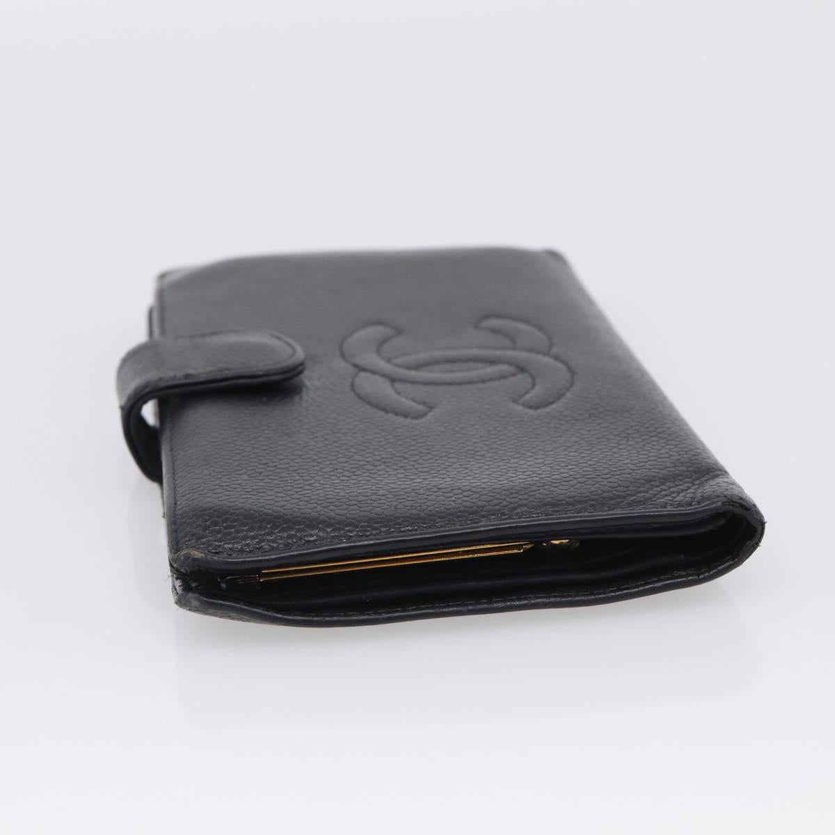 CHANEL Wallet Caviar Skin Black Gold CC Auth 215620