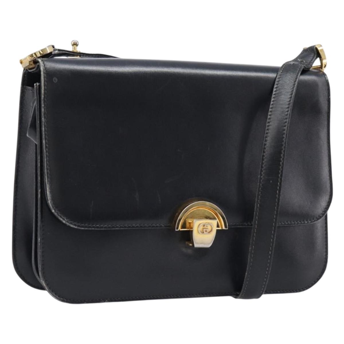 GUCCI Shoulder Bag Leather Black Gold Auth 215668