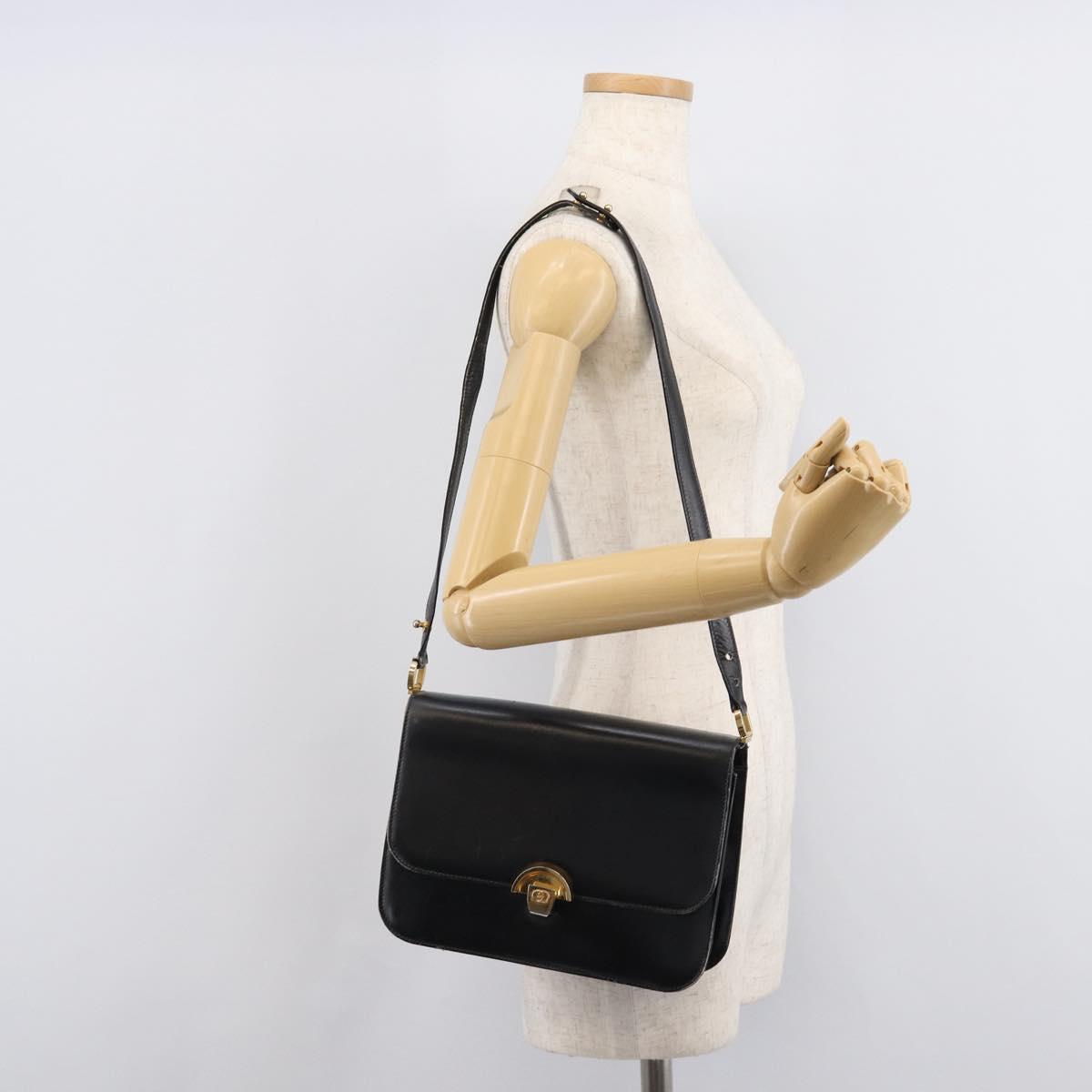 GUCCI Shoulder Bag Leather Black Gold Auth 215668