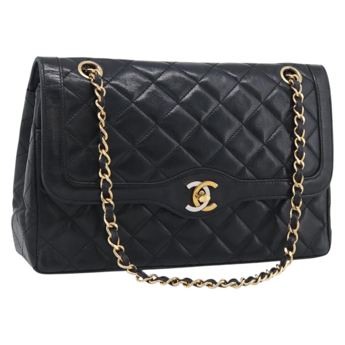 CHANEL Matelasse 26 Chain Shoulder Bag Lamb Skin Black Gold CC Auth 215684V