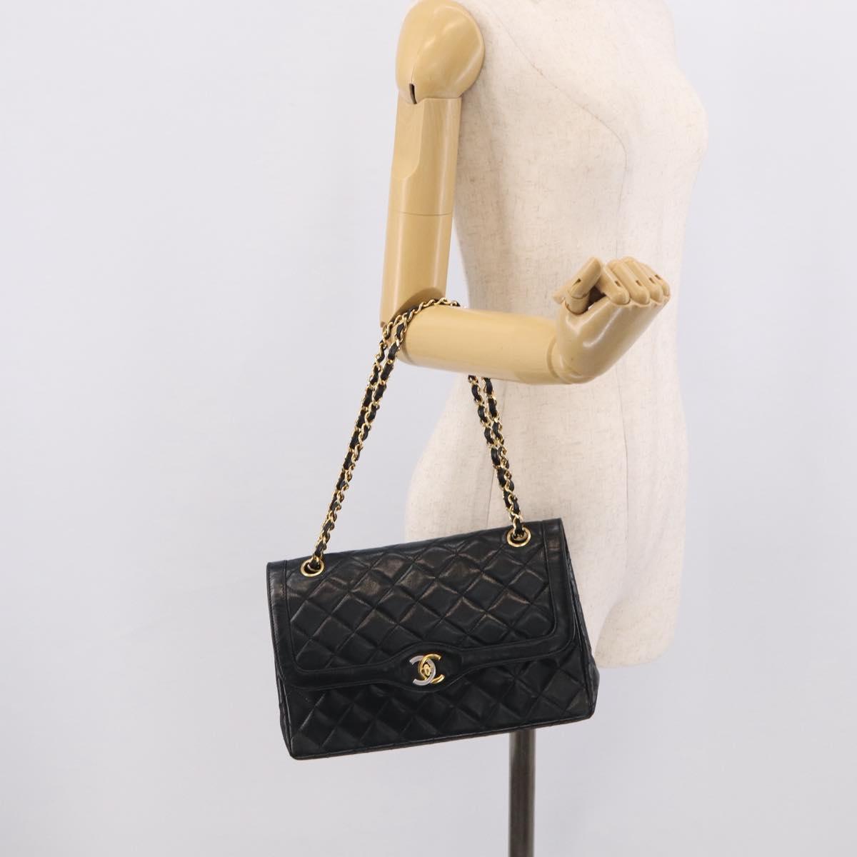 CHANEL Matelasse 26 Chain Shoulder Bag Lamb Skin Black Gold CC Auth 215684V