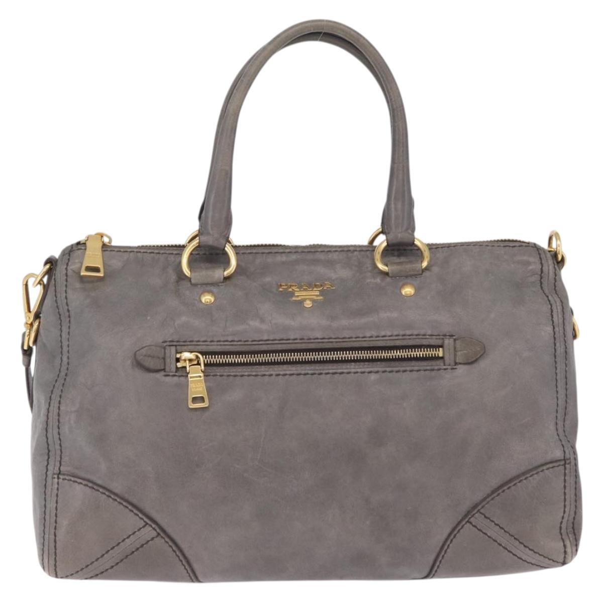 PRADA Vitter Shine Hand Bag Leather 2way Gray Gold Auth 215685V