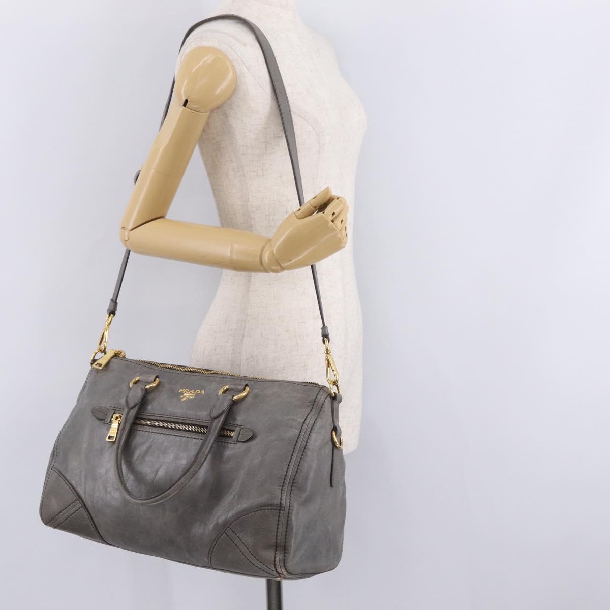 PRADA Vitter Shine Hand Bag Leather 2way Gray Gold Auth 215685V