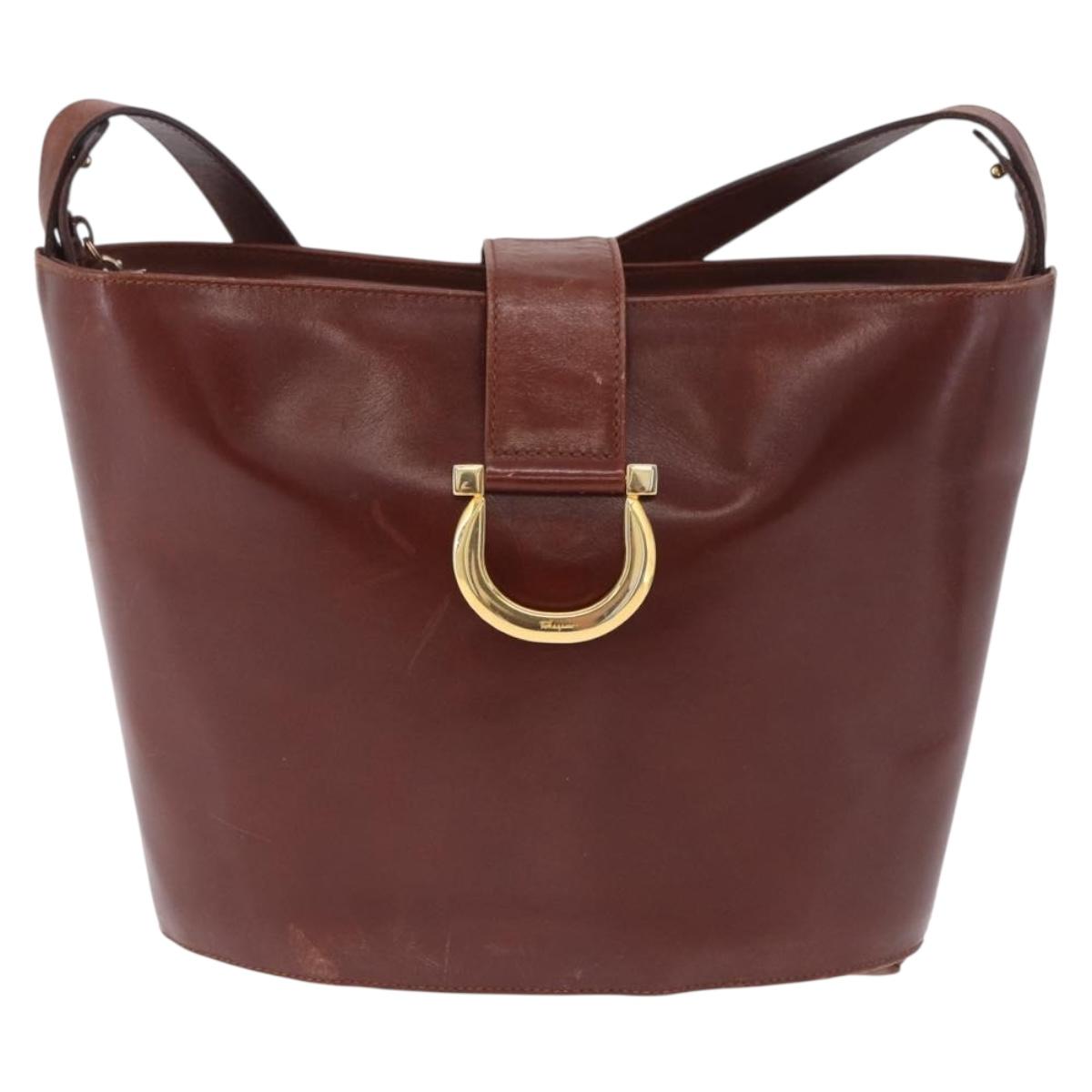 Salvatore Ferragamo Gancini Shoulder Bag Leather Brown Gold Auth 215708
