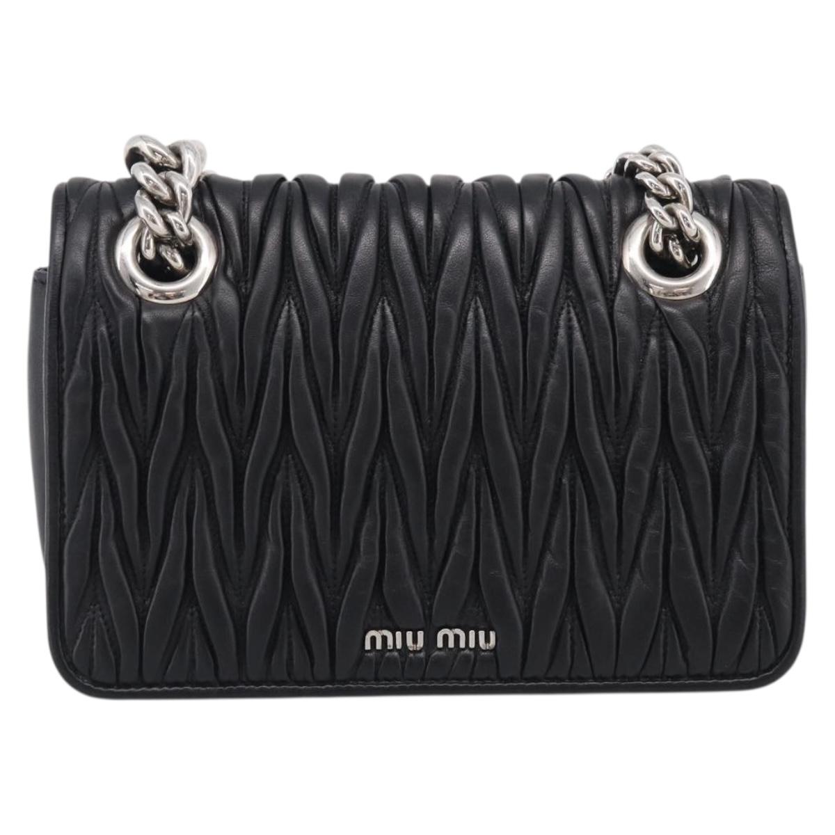 Miu Miu Matelasse Chain Shoulder Bag Leather Black Silver Auth 215716V
