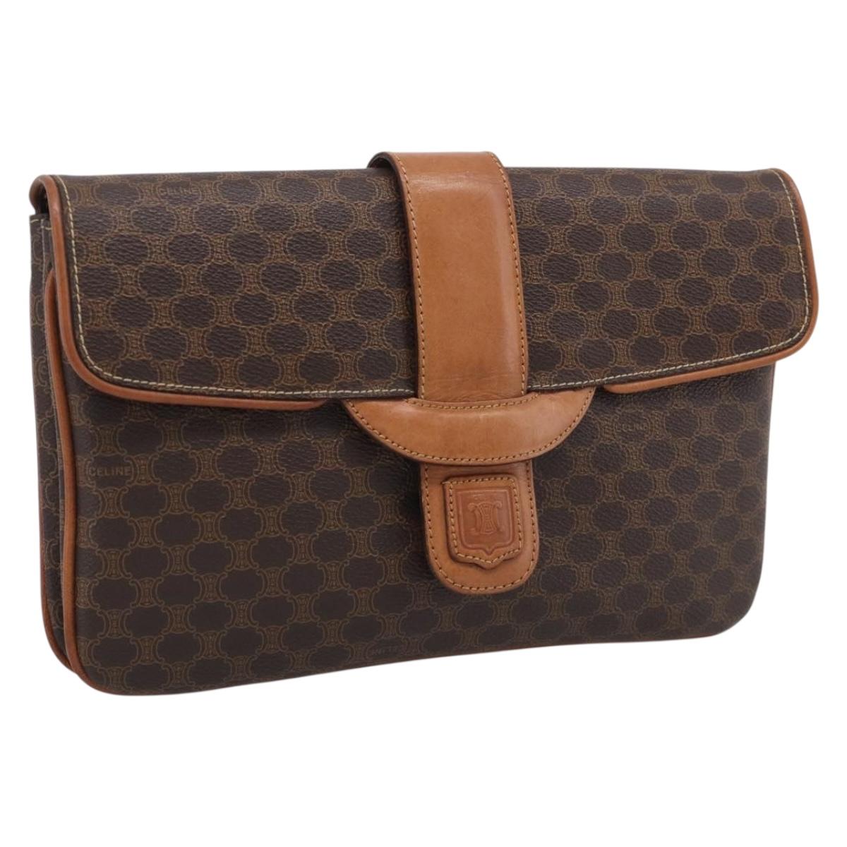 CELINE Macadam Chain Shoulder Bag PVC Brown Gold Auth 215751