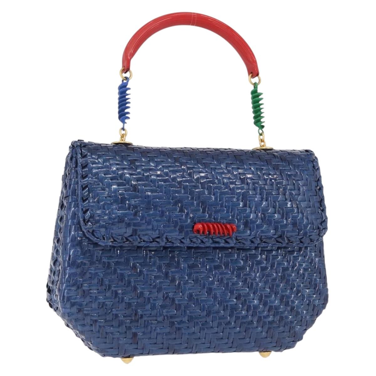 FENDI Macaroni Hand Bag Raffia Blue Gold Auth 215828A