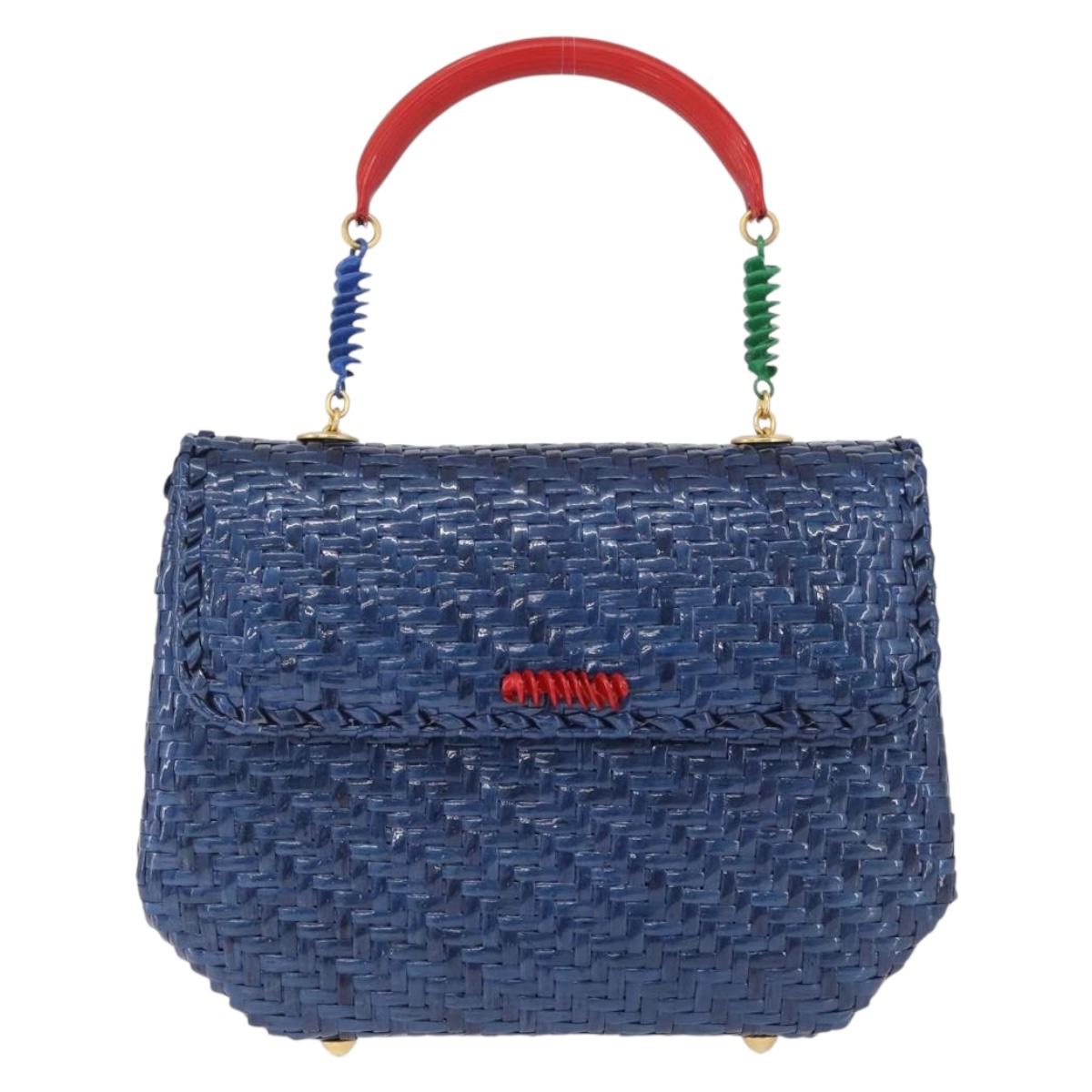 FENDI Macaroni Hand Bag Raffia Blue Gold Auth 215828A