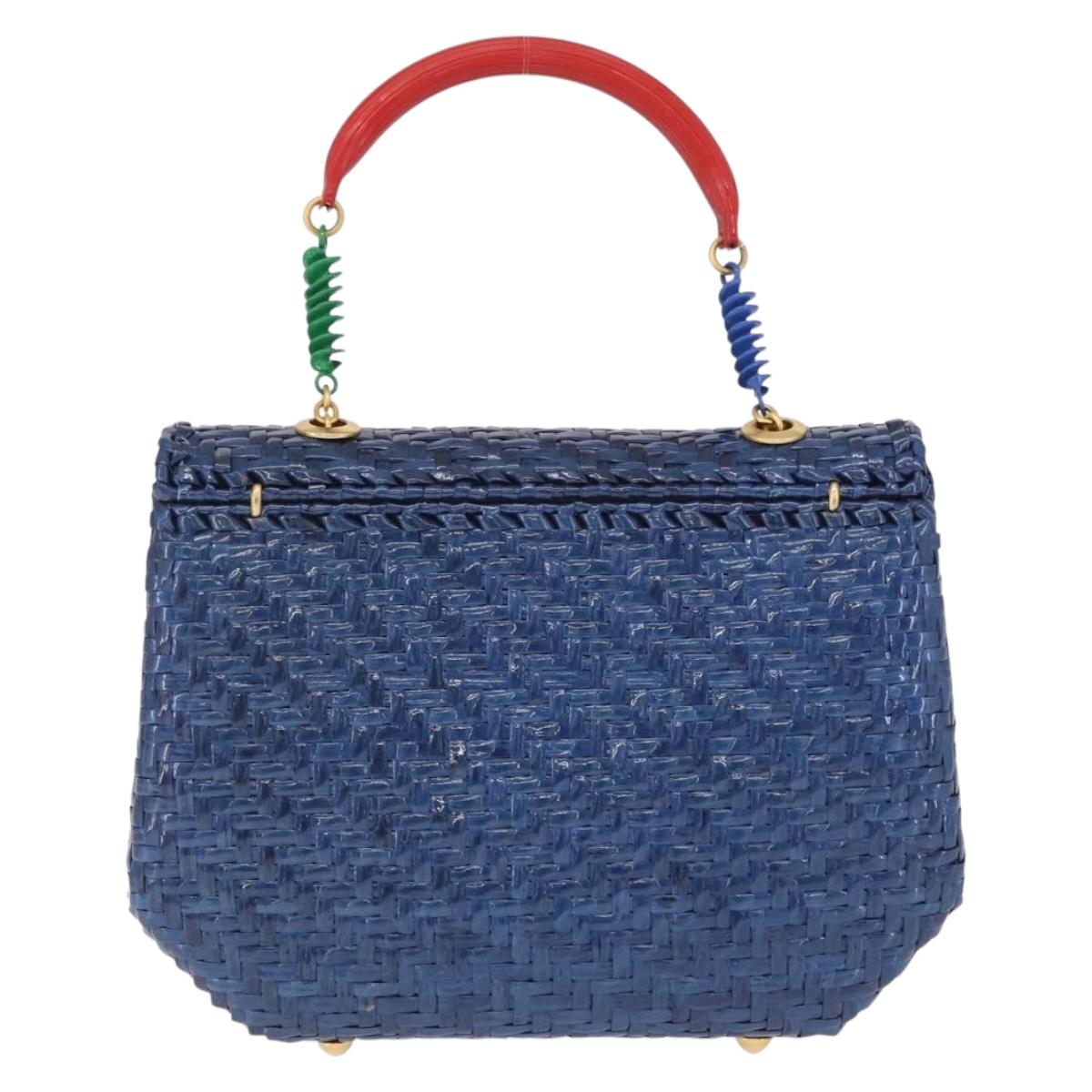 FENDI Macaroni Hand Bag Raffia Blue Gold Auth 215828A