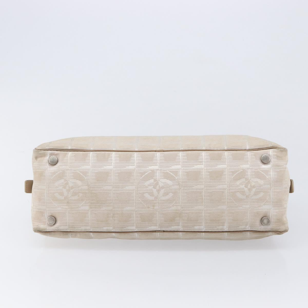 CHANEL New Travel Line Hand Bag Canvas Beige Silver CC Auth 216148