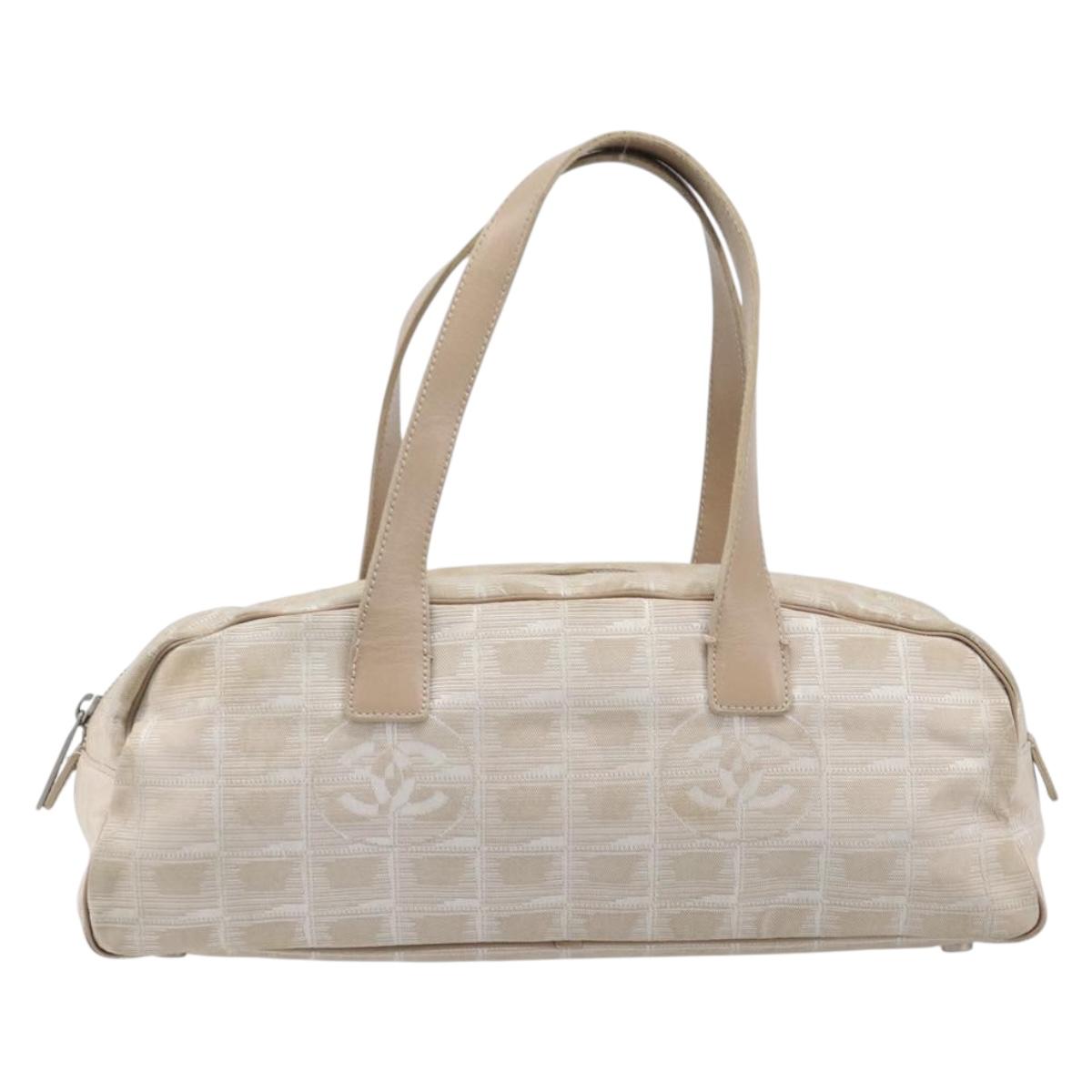 CHANEL New Travel Line Hand Bag Canvas Beige Silver CC Auth 216148