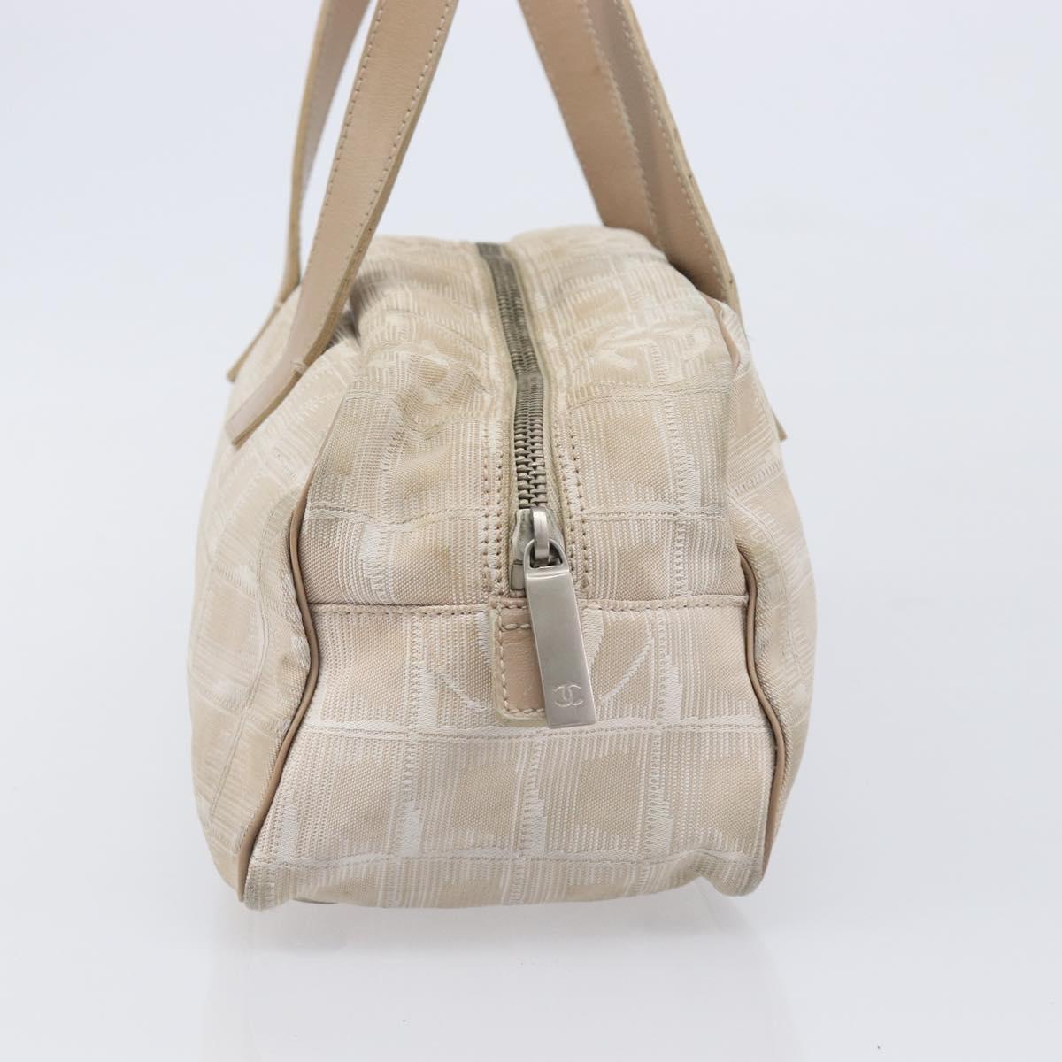 CHANEL New Travel Line Hand Bag Canvas Beige Silver CC Auth 216148
