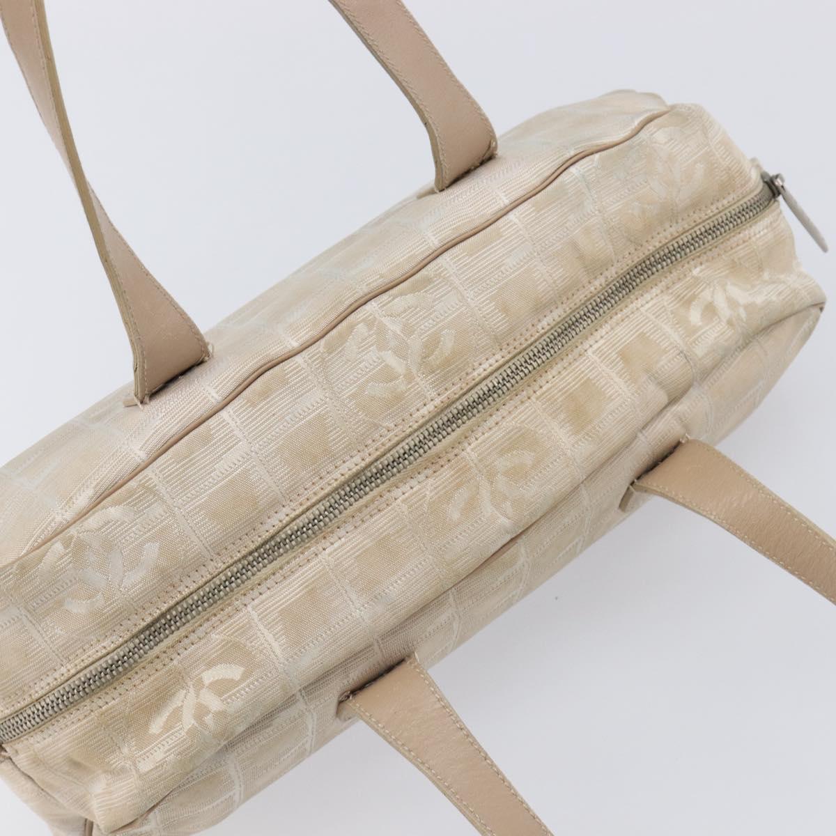 CHANEL New Travel Line Hand Bag Canvas Beige Silver CC Auth 216148