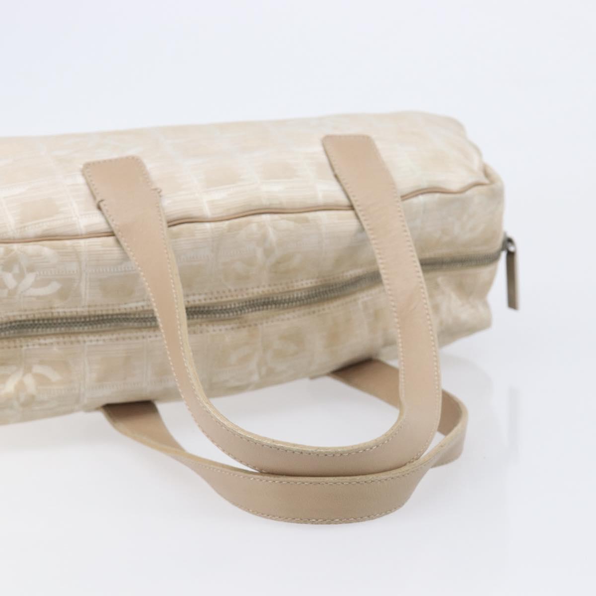 CHANEL New Travel Line Hand Bag Canvas Beige Silver CC Auth 216148
