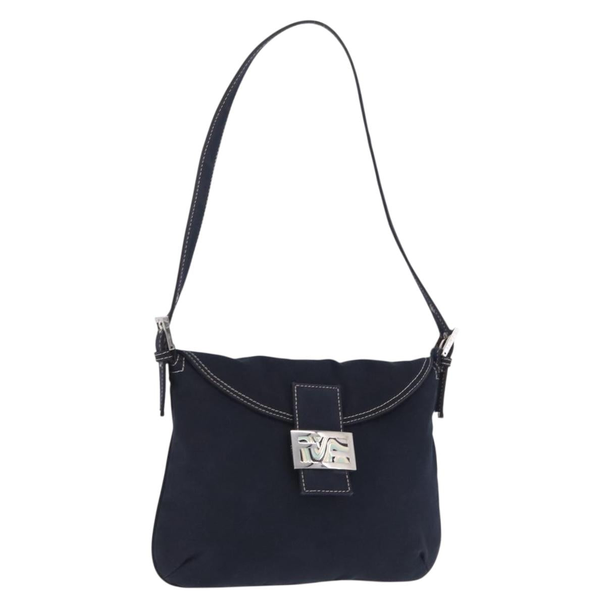 FENDI Mamma Baguette Shoulder Bag Canvas Navy Silver Auth 216165V