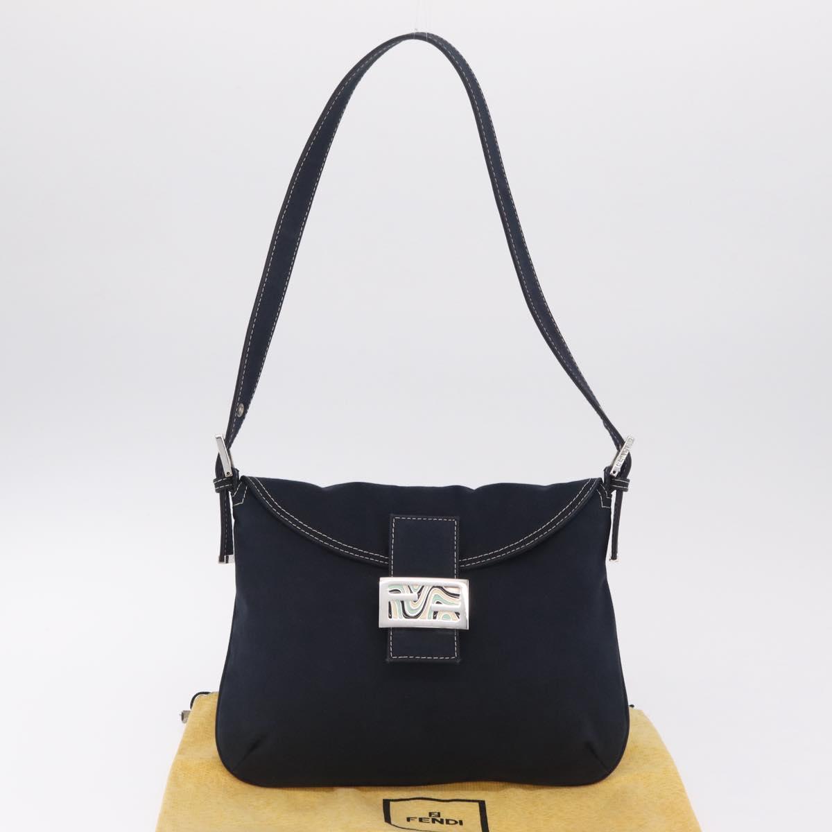 FENDI Mamma Baguette Shoulder Bag Canvas Navy Silver Auth 216165V