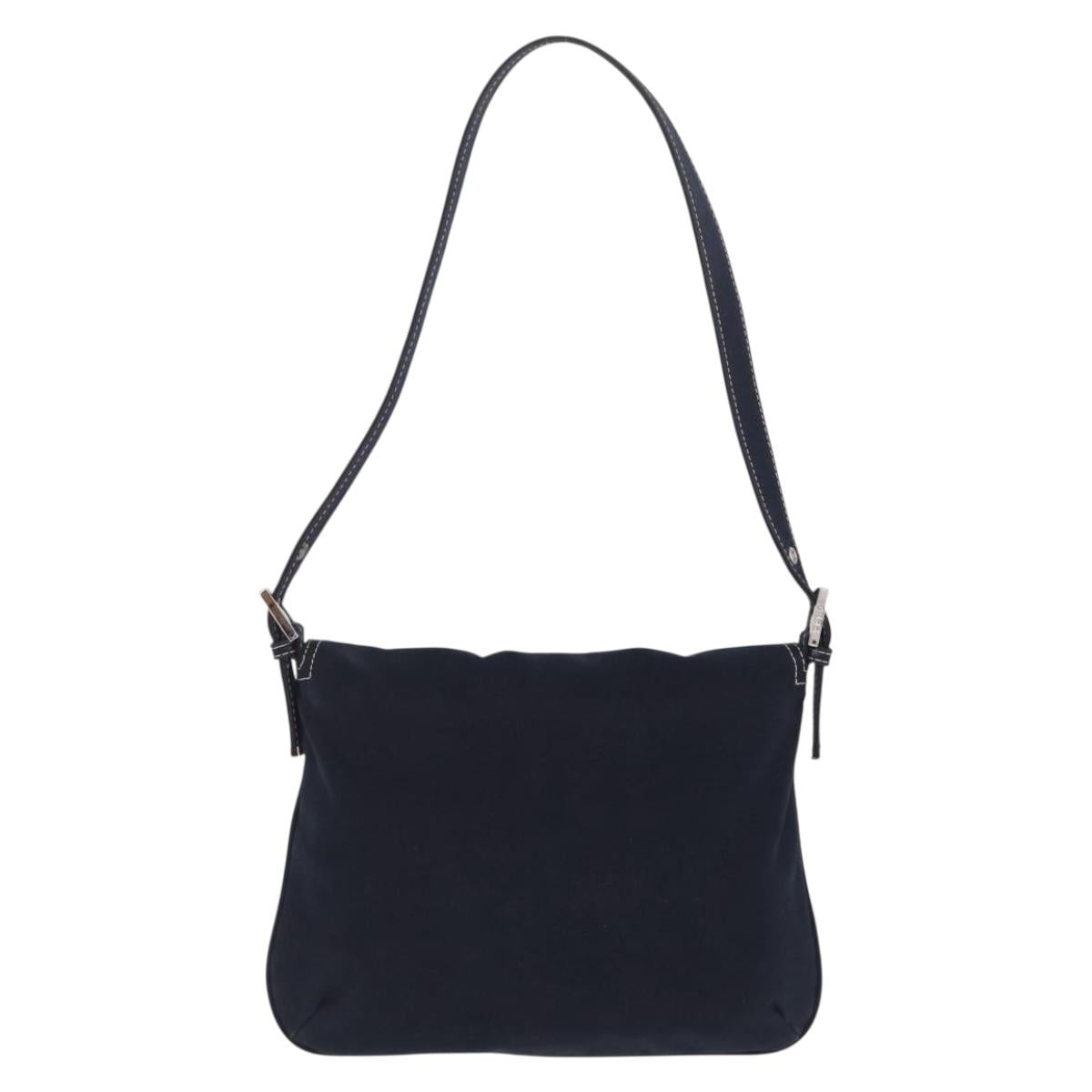 FENDI Mamma Baguette Shoulder Bag Canvas Navy Silver Auth 216165V