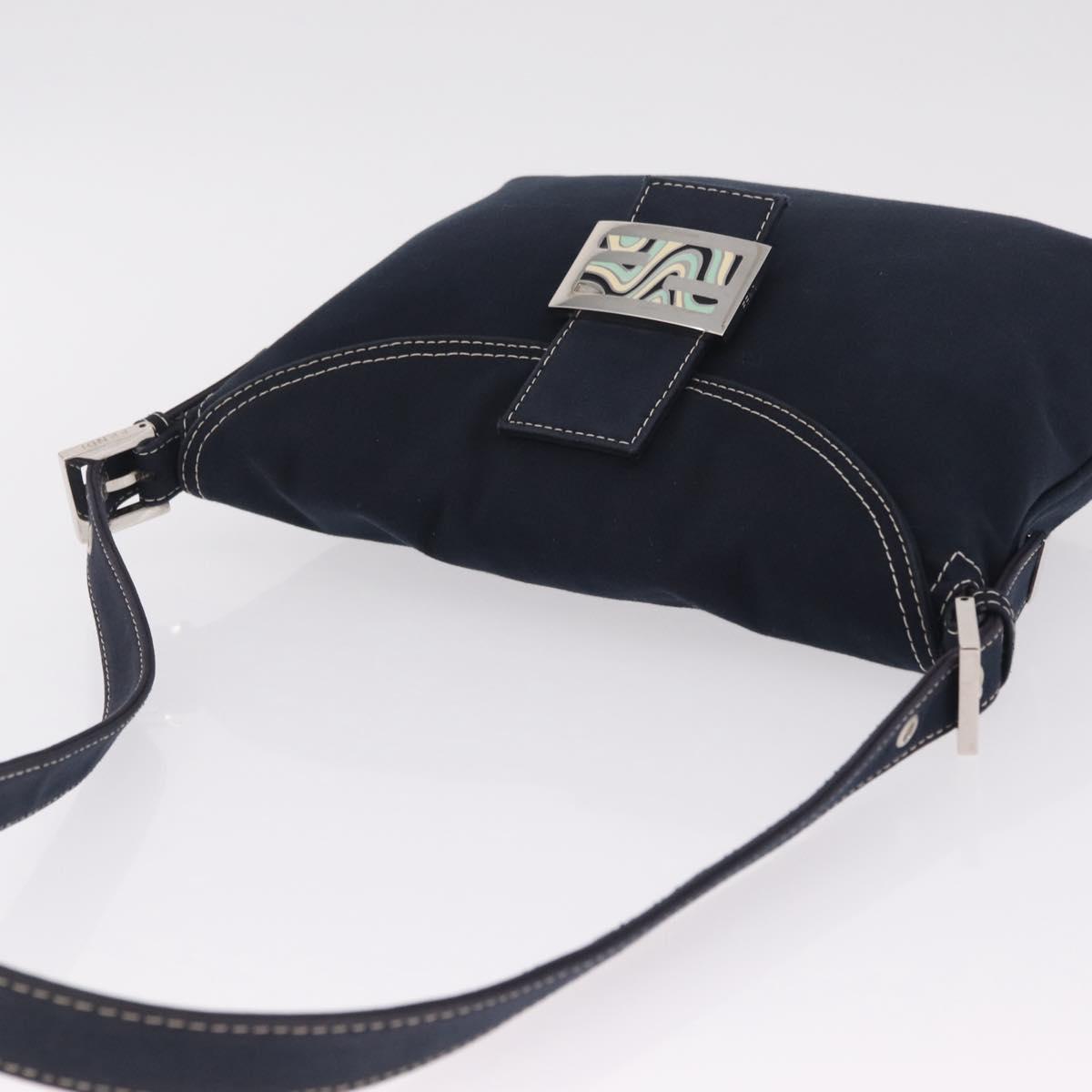 FENDI Mamma Baguette Shoulder Bag Canvas Navy Silver Auth 216165V