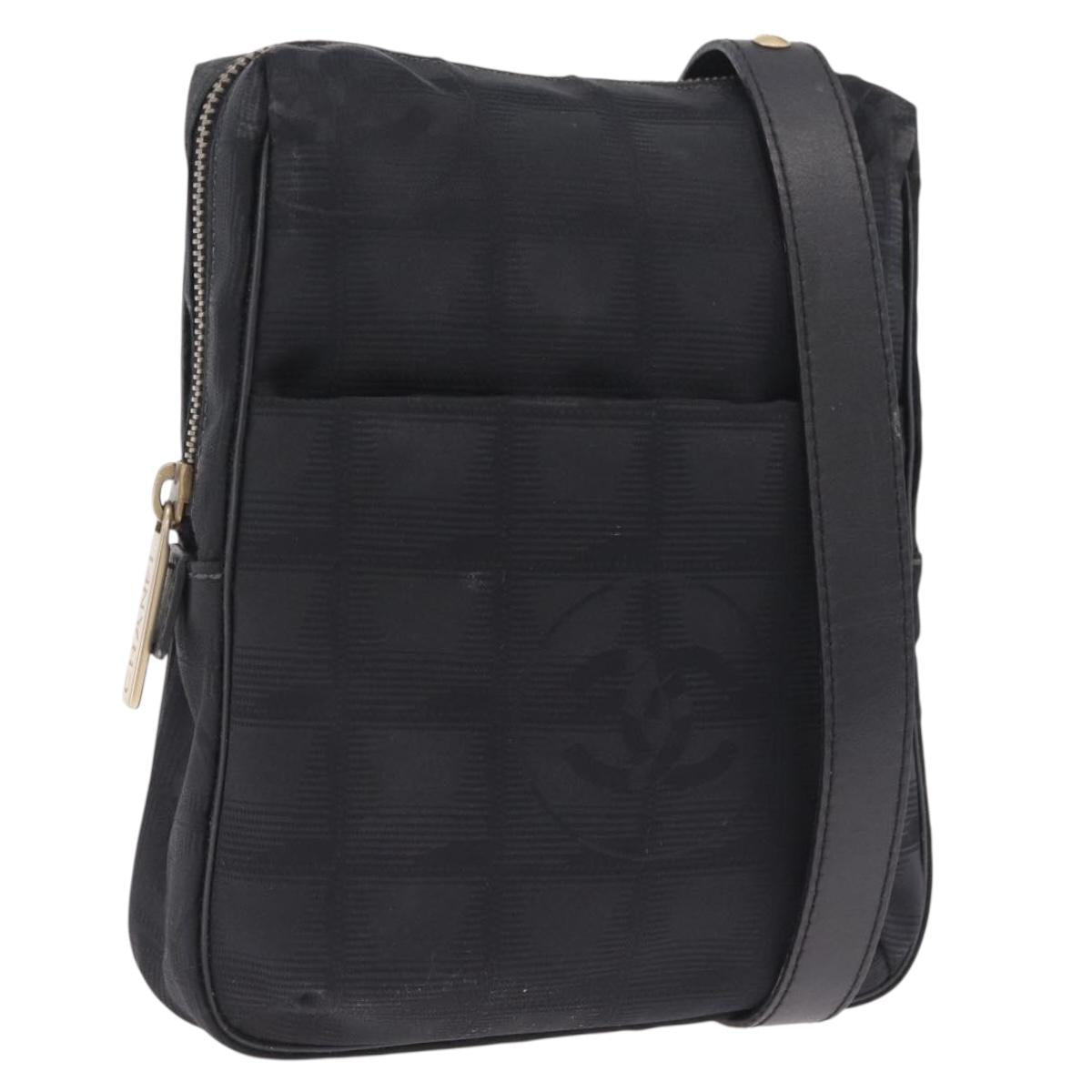 CHANEL New Travel Line Shoulder Bag Canvas Black Gold CC Auth 216176